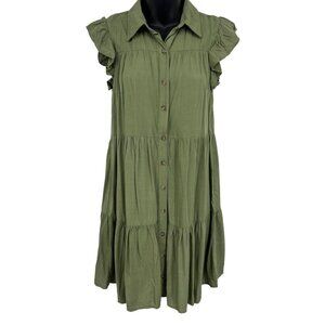 Lucky Brand Women Tier Dress Green Short Sleeve Ruffle Collar Size Small NWT New